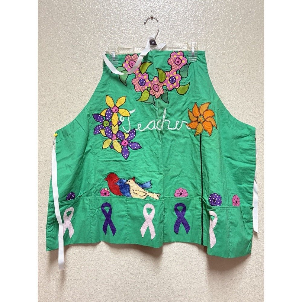 Handmade Awareness Apron artisans Smock Teacher Hand Embroidered Green 32"X26"